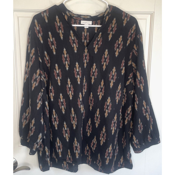 Pure Jill Elements Women's V-Neck Black Ikat Top Size XL Cotton Boho Southwest - Picture 1 of 12